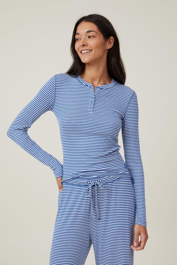 Body - Sleep Recovery Henley Long Sleeve - Blue/ white stripe