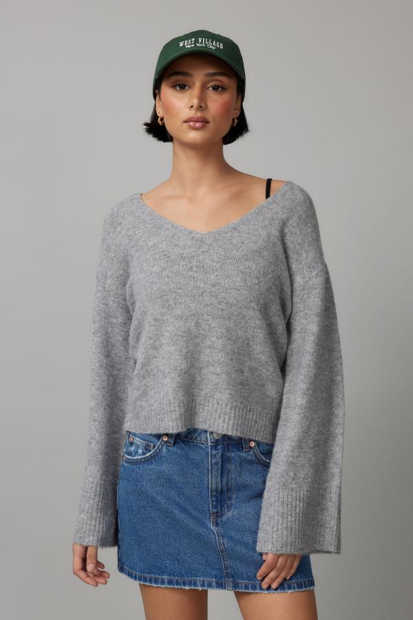 Factorie - Charlie V Neck Knit Jumper - Grey marle