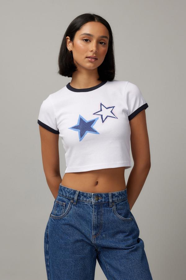 Factorie - Cropped Fitted Graphic Tee - White/stars