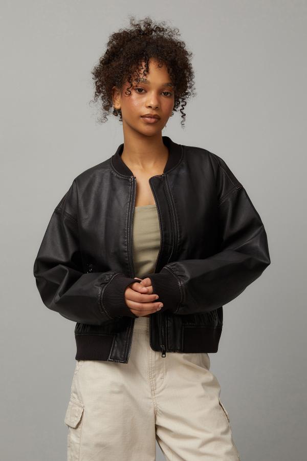 Factorie - Cropped Pu Bomber Jacket - Washed brown