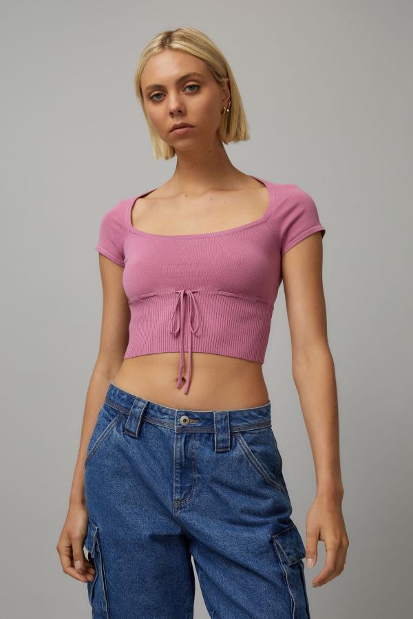 Factorie - Knit Scoop Neck Tie Tee - Mellow mauve