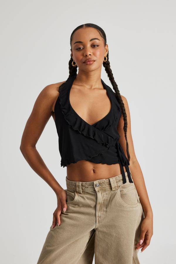 Factorie - Piper Mesh Wrap Halter Top - Black