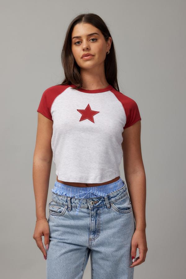 Factorie - Raglan Curve Hem Tee - Silver marle/red star