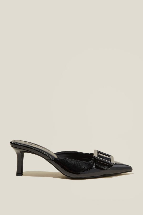 Rubi - Daisy Pointed Buckle Mule - Black patent vegan leather