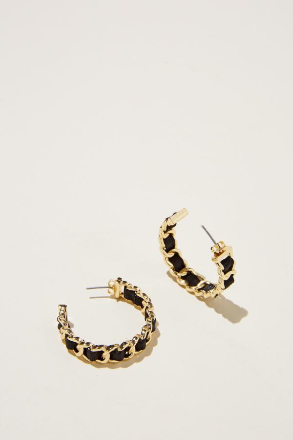 Rubi - Large Hoop Earring - Gold plated black ribbon woven chain