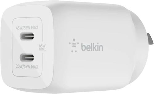 Belkin BoostCharge Pro 65W Dual USB-C GaN Wall Charger with PPS and PD (White)