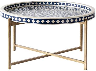 Bone Inlay Round Coffee Table Blue with Gold Frame 41cm