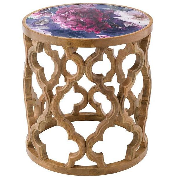 Eco Sole Peony Flower Carved Round Side Table Large 45.7x48.2cm