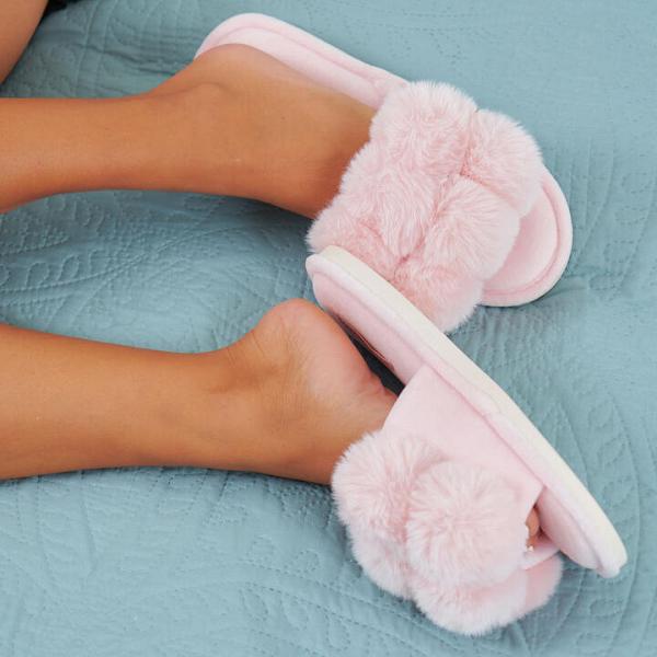 Large Luxe Pink Pom Pom Slippers M/L