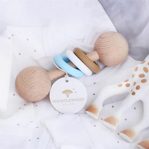 Natural Beechwood & Blue Silicone Baby Rattle