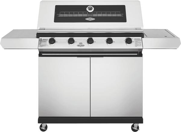 BeefEater BMG1251SB BeefEater 1200 Series Stainless Steel 5 Burner BBQ & Trolley w/ Side Burner, Cast Iron Burners & Grills