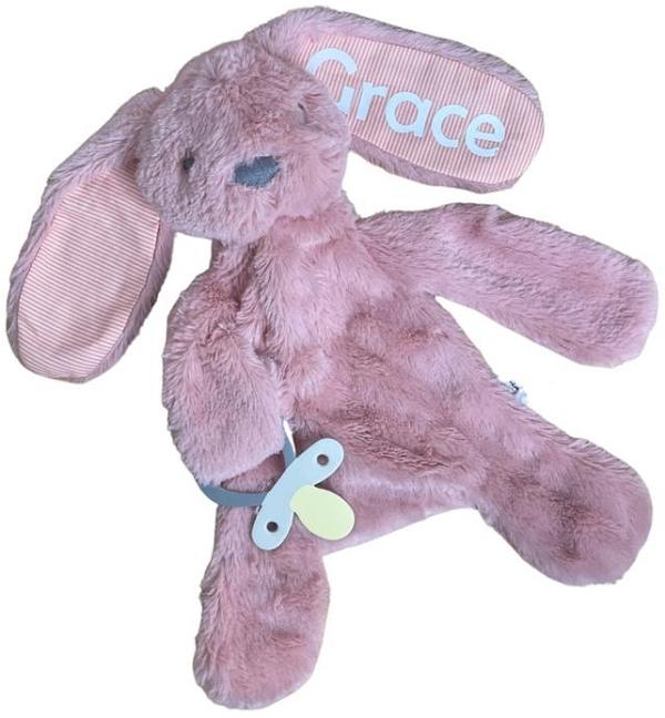 Personalised Fluffy Bunny Dummy Holder Blush Stripe