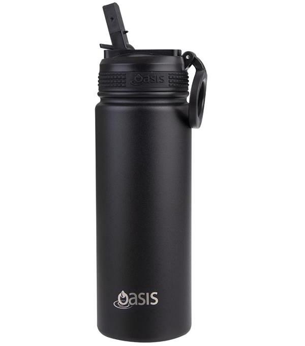 Oasis Stainless Steel Double Wall Insulated Challenger Sports Bottle with Sipper Straw (550ml) Black