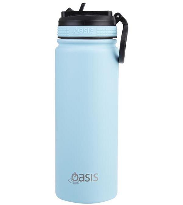 Oasis Stainless Steel Double Wall Insulated Challenger Sports Bottle with Sipper Straw (550ml) Island Blue