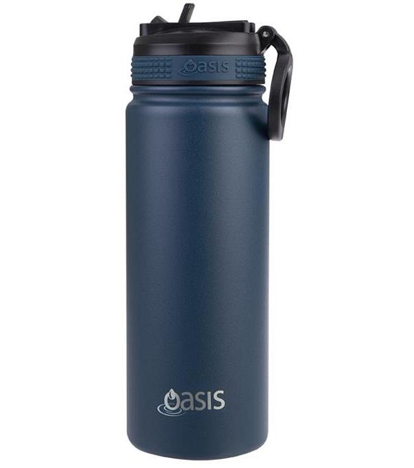 Oasis Stainless Steel Double Wall Insulated Challenger Sports Bottle with Sipper Straw (550ml) Navy