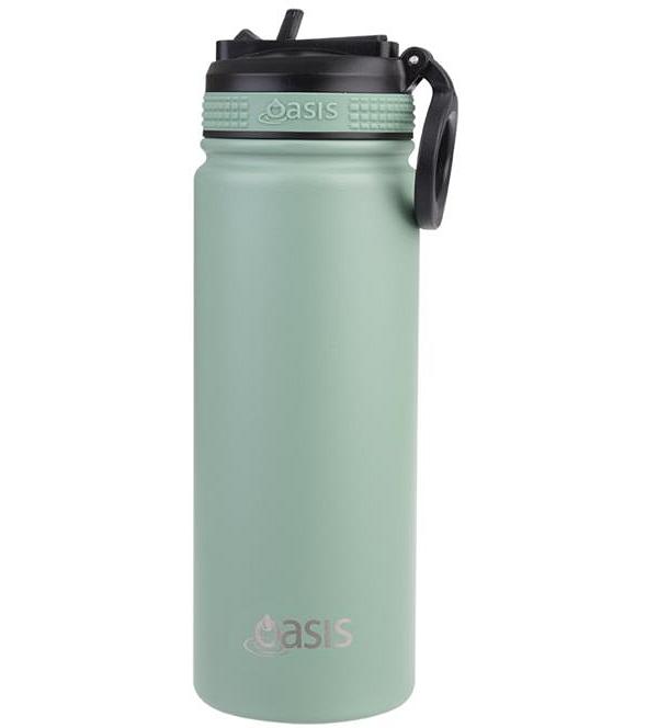 Oasis Stainless Steel Double Wall Insulated Challenger Sports Bottle with Sipper Straw (550ml) Sage Green