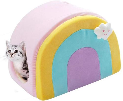 All Fur You Soft and Comfortable Rainbow Cat House Bed in Pink