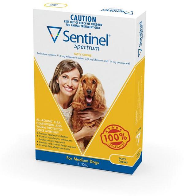 Sentinel Spectrum Flea, Heartworm & Intestinal Wormer - Medium Dogs 12-22kg - 6-Pack