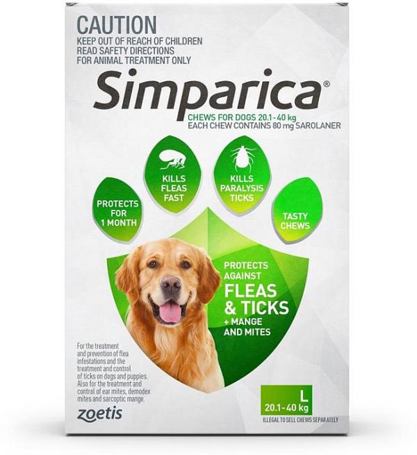 Simparica Flea & Tick Tablets for Large Dogs 20.1-40kgs-Green 6-Pack