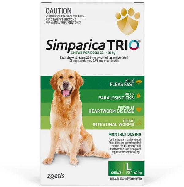 Simparica Trio Flea, Tick & Heartworm Chew for Large Dogs 20.1-40kgs - 6-Pack