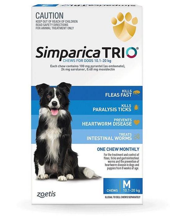 Simparica Trio Flea, Tick & Heartworm Chew for Medium Dogs 10.1-20kg - 6-Pack