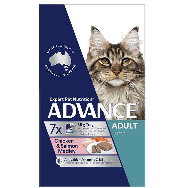 Advance Adult Chicken And Salmon Medley Wet Cat Food Trays 7 X 85g