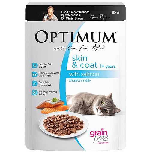 Optimum Grain Free Skin And Coat Wet Cat Food Salmon In Jelly Pouch 15 X 85g