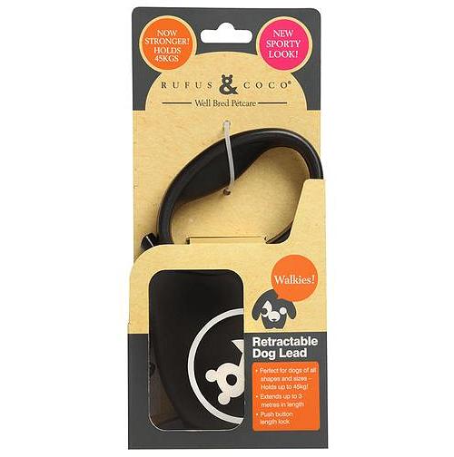 Rufus And Coco Dog Lead Retractable Large Black Each