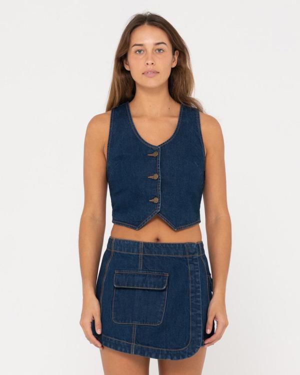 Ryley Cropped Button Down Denim Vest - Deep Blue Rusty Australia, 6 / Deep Blue