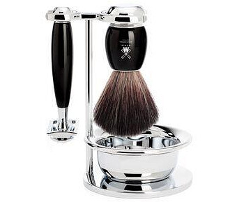 Muhle VIVO 4-Piece Shaving Set - Black Resin with Closed Comb Safety Razor, Black Fibre Shaving Brush, Stand & Bowl