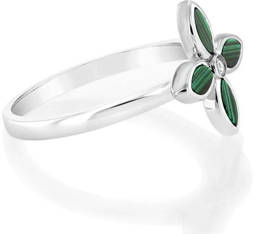 Sterling Silver Rose Rhodium Plated Created Malachite Four Petal Ring, M