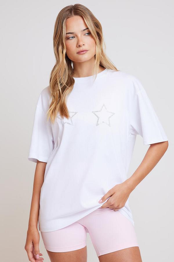 Stylerunner Wannabee Diamante Oversized Tee Bright White