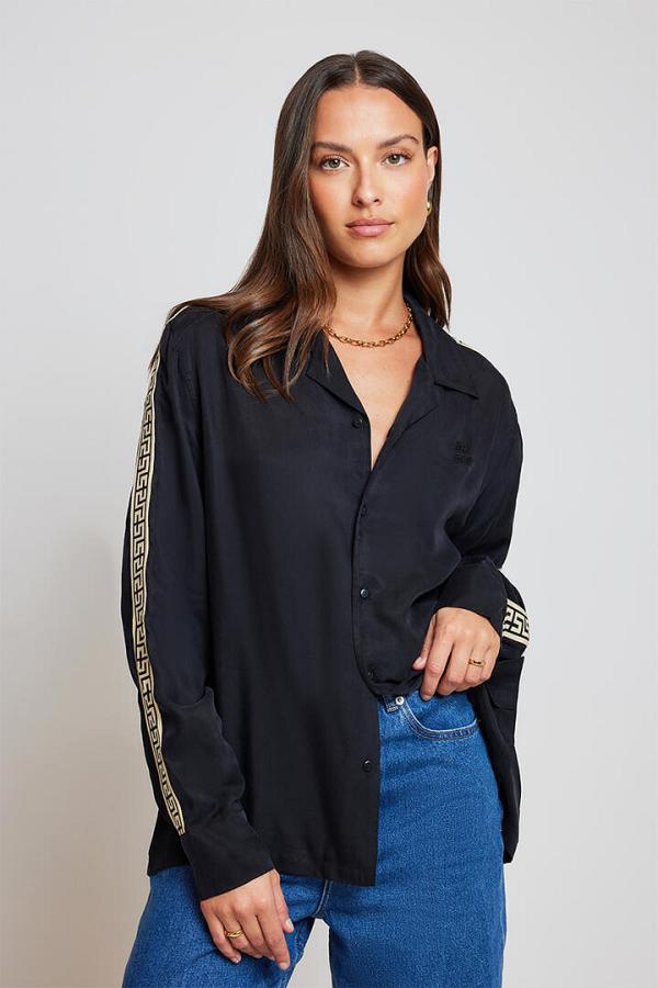 Something Very Special Satin Geo Long Sleeve Shirt Black