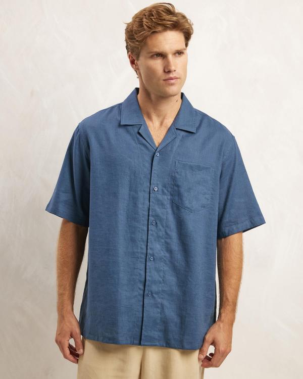 AERE - Linen Blend Camp Collar Shirt - Shirts & Polos (Blue) Linen Blend Camp Collar Shirt