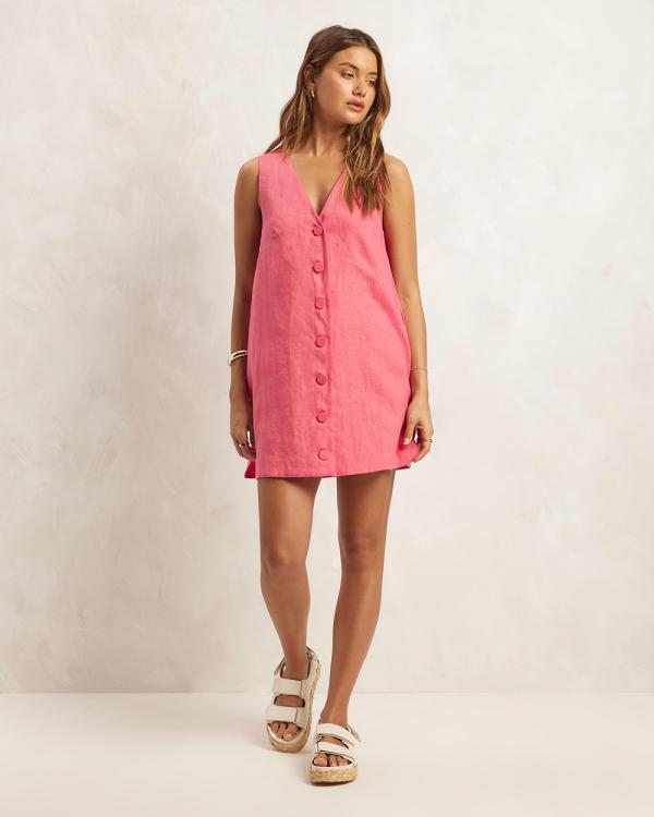 AERE - Linen Button Down A Line Mini Dress - Dresses (Plumeria Pink) Linen Button Down A Line Mini Dress