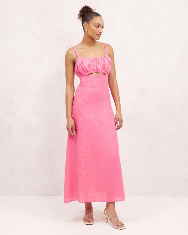 AERE - Linen Ruched Bodice Cutout Midi Dress - Dresses (Peony Pink) Linen Ruched Bodice Cutout Midi Dress