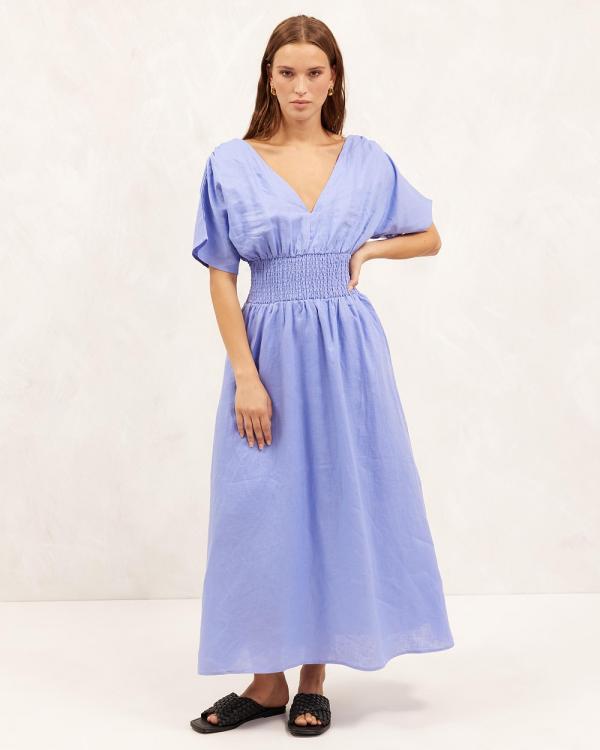AERE - Linen Shirred Waist Midi Dress - Dresses (Blue Iris) Linen Shirred Waist Midi Dress