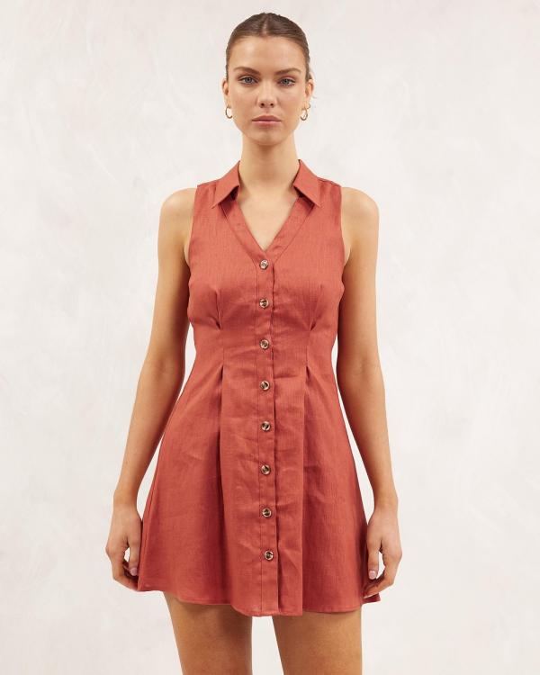 AERE - Linen Shirt Collar Mini Dress - Dresses (Rust) Linen Shirt Collar Mini Dress