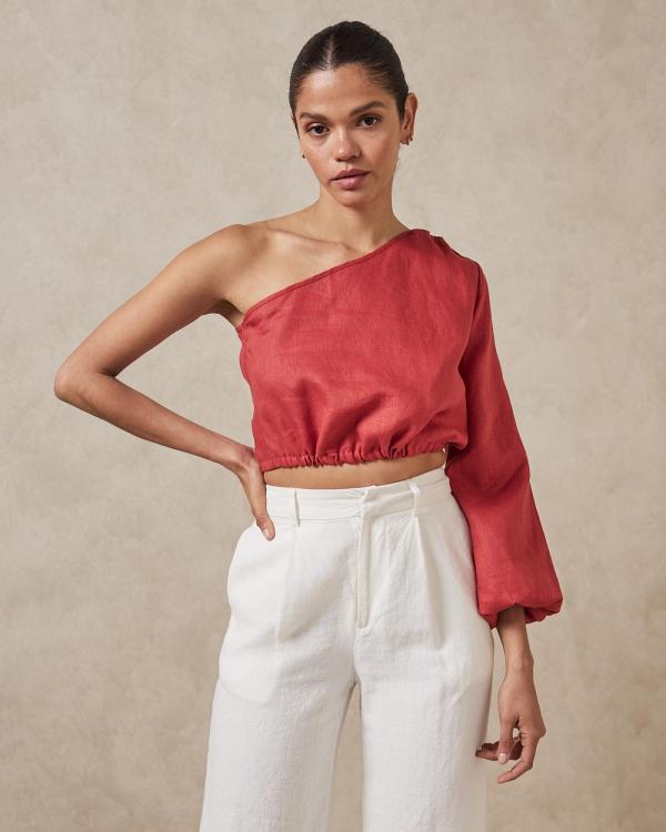 AERE - One Shoulder Linen Top - Cropped tops (Brick Red) One Shoulder Linen Top
