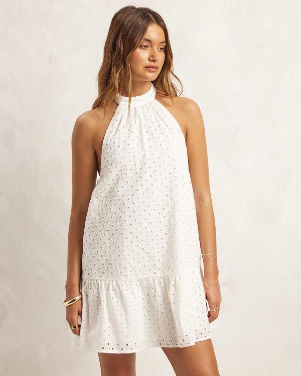 AERE - Organic Cotton Broderie Halter Mini Dress - Dresses (White Broderie) Organic Cotton Broderie Halter Mini Dress