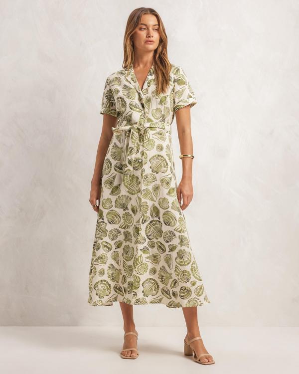 AERE - Premium Linen Blend Camp Collar Shirt Dress - Printed Dresses (Shell Print) Premium Linen Blend Camp Collar Shirt Dress