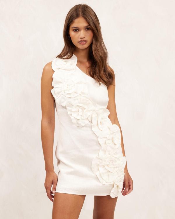 AERE - Premium Linen Blooms One Shoulder Mini Dress - Dresses (Soft White) Premium Linen Blooms One Shoulder Mini Dress