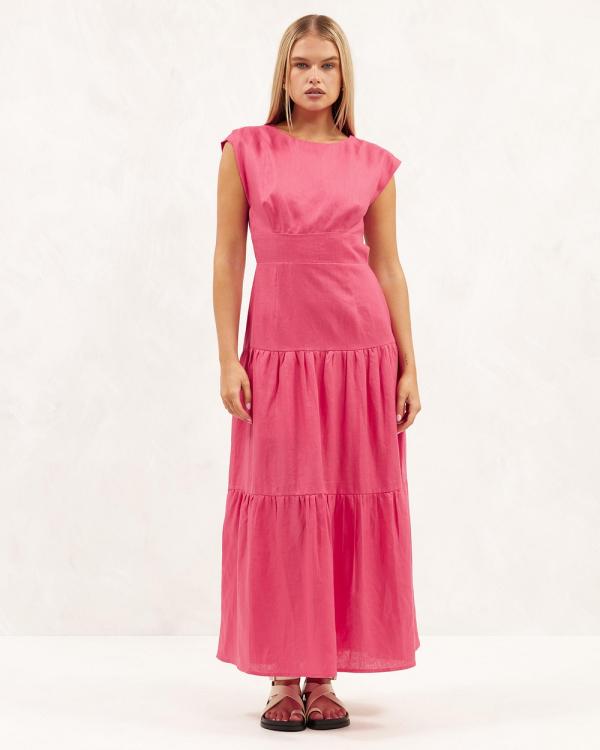 AERE - Premium Linen Open Back Maxi Dress - Dresses (Medium Pink) Premium Linen Open Back Maxi Dress