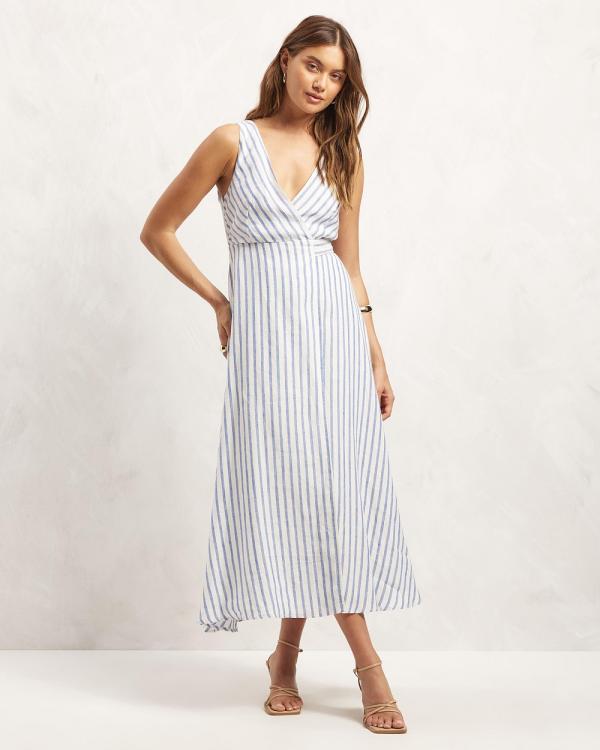 AERE - Premium Linen Sleeveless Wrap Dress - Printed Dresses (Stripe) Premium Linen Sleeveless Wrap Dress