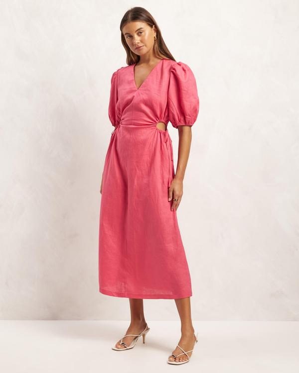 AERE - Puff Sleeve Open Circle Linen Dress - Dresses (Medium Pink) Puff Sleeve Open Circle Linen Dress
