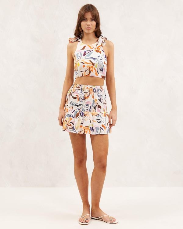 AERE - Ruched LInen Mini Skirt - Skirts (Watercolour Floral Print) Ruched LInen Mini Skirt