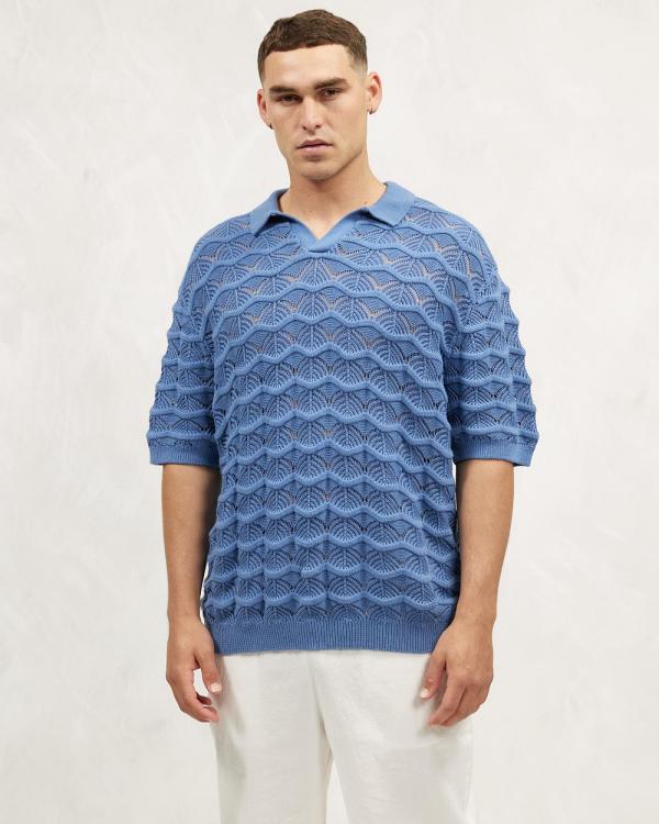 AERE - Textured Organic Cotton Knit Polo - Shirts & Polos (Blue) Textured Organic Cotton Knit Polo