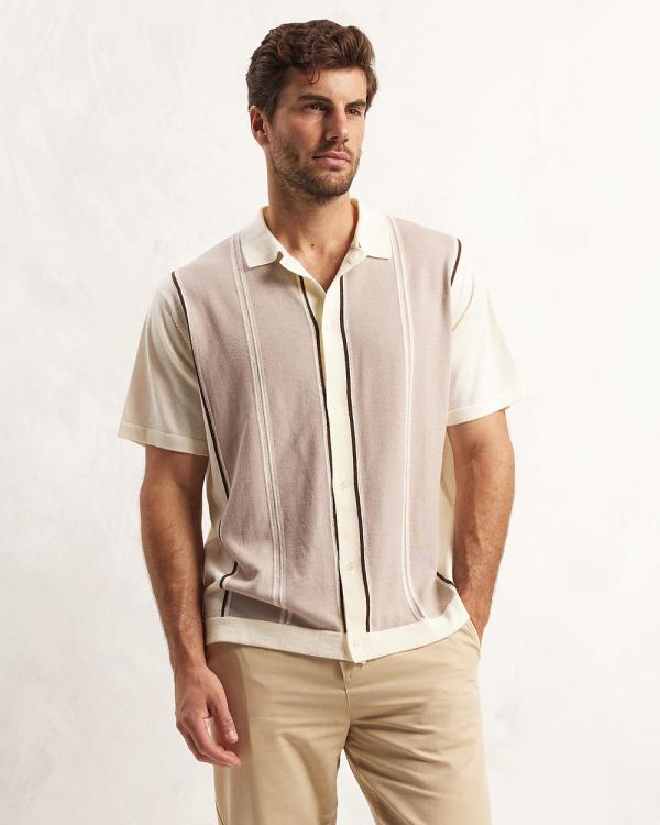 AERE - Wool Short Sleeve Polo - Shirts & Polos (Oat Stripe) Wool Short Sleeve Polo