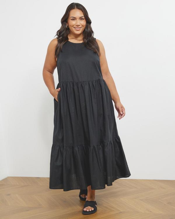 Atmos&Here Curvy - Hope Linen Blend Tiered Midi Dress - Dresses (Black) Hope Linen Blend Tiered Midi Dress