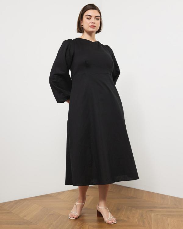 Atmos&Here Curvy - Pandora Linen Blend Long Sleeve Midi Dress - Dresses (Black) Pandora Linen Blend Long Sleeve Midi Dress